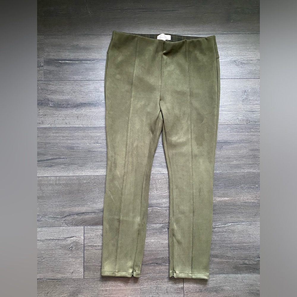 Anthropologie Women's Faux Suede Leggings Green Pull On Pants Ankle Zip Size 32